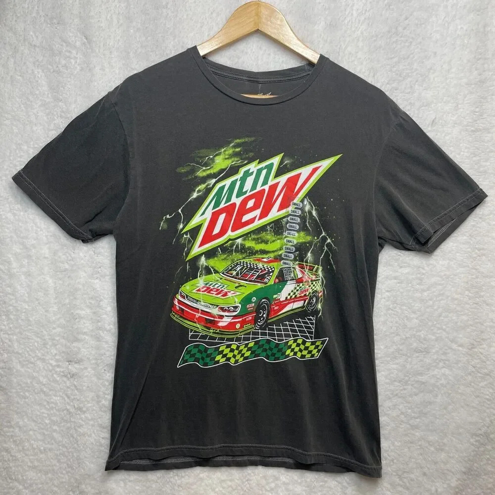 Mountain Dew Mens T-Shirt S Large Black Green Red Logo MTN‎ Dew Car Graphic Tee